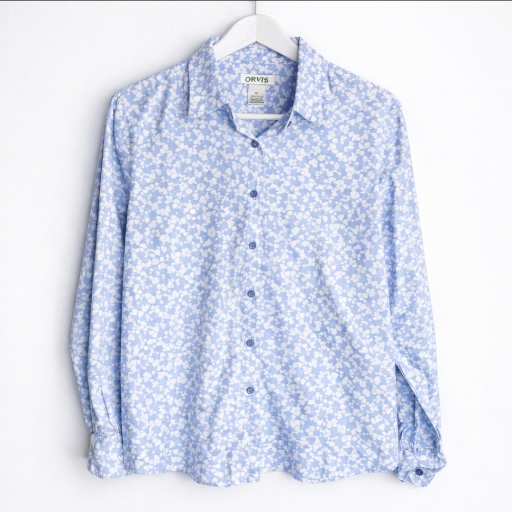 Orvis Blue White Button Down Long Sleeve Shirt Heart Pattern Size 8